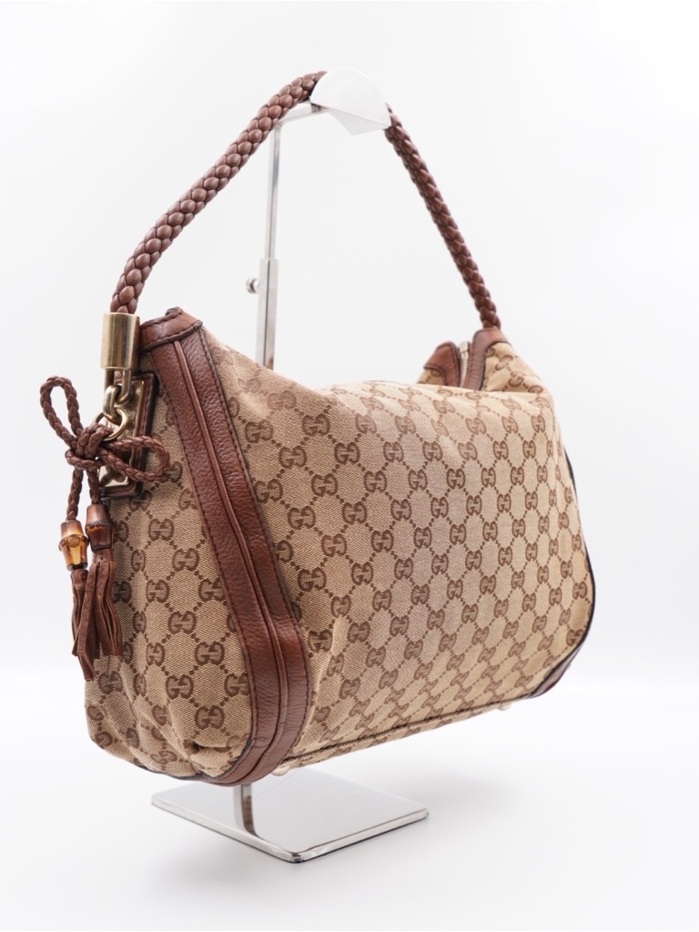 Gucci Beige & Brown GG Canvas Shoulder Bag with Braided Handle - Picture 3 of 12